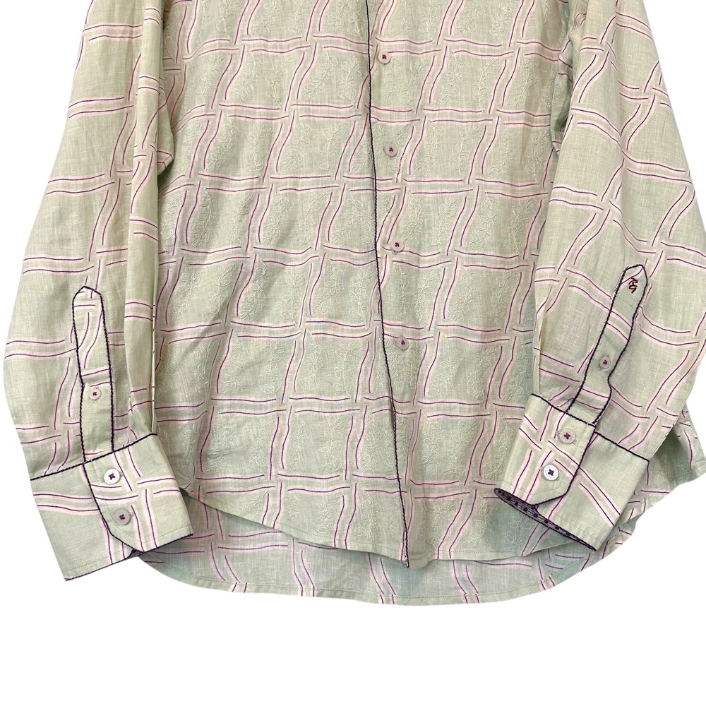 Robert Graham Embroidered Linen Blend Button Down Shirt Green Purple Mens Large - Picture 12 of 15